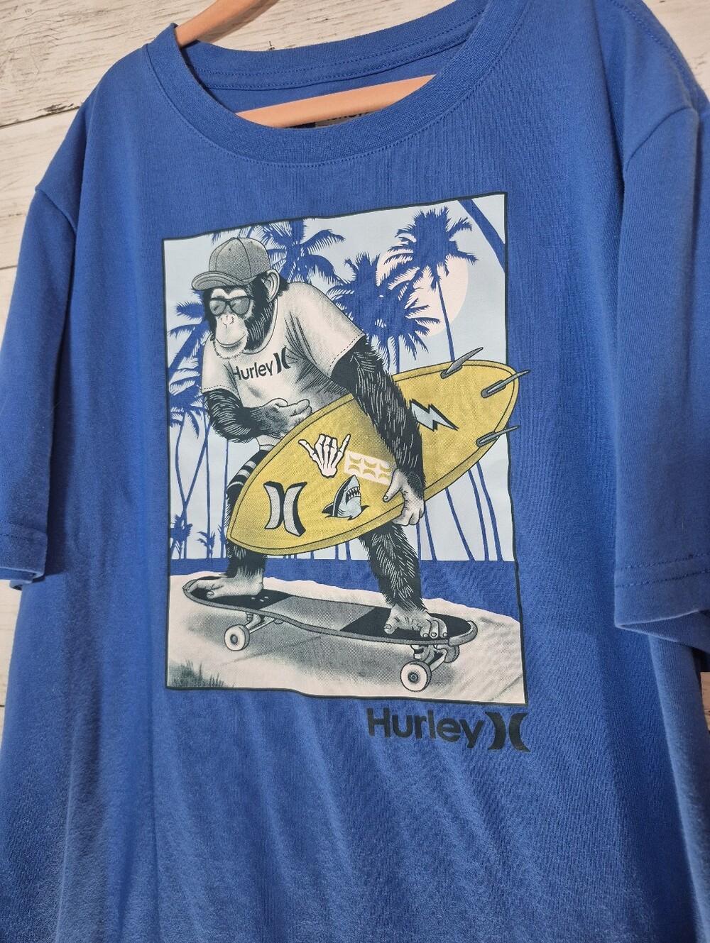 Boys XL (13-15) Hurley Blue Graphic Surf Skate Tee with Yellow Surfboard & Chimp